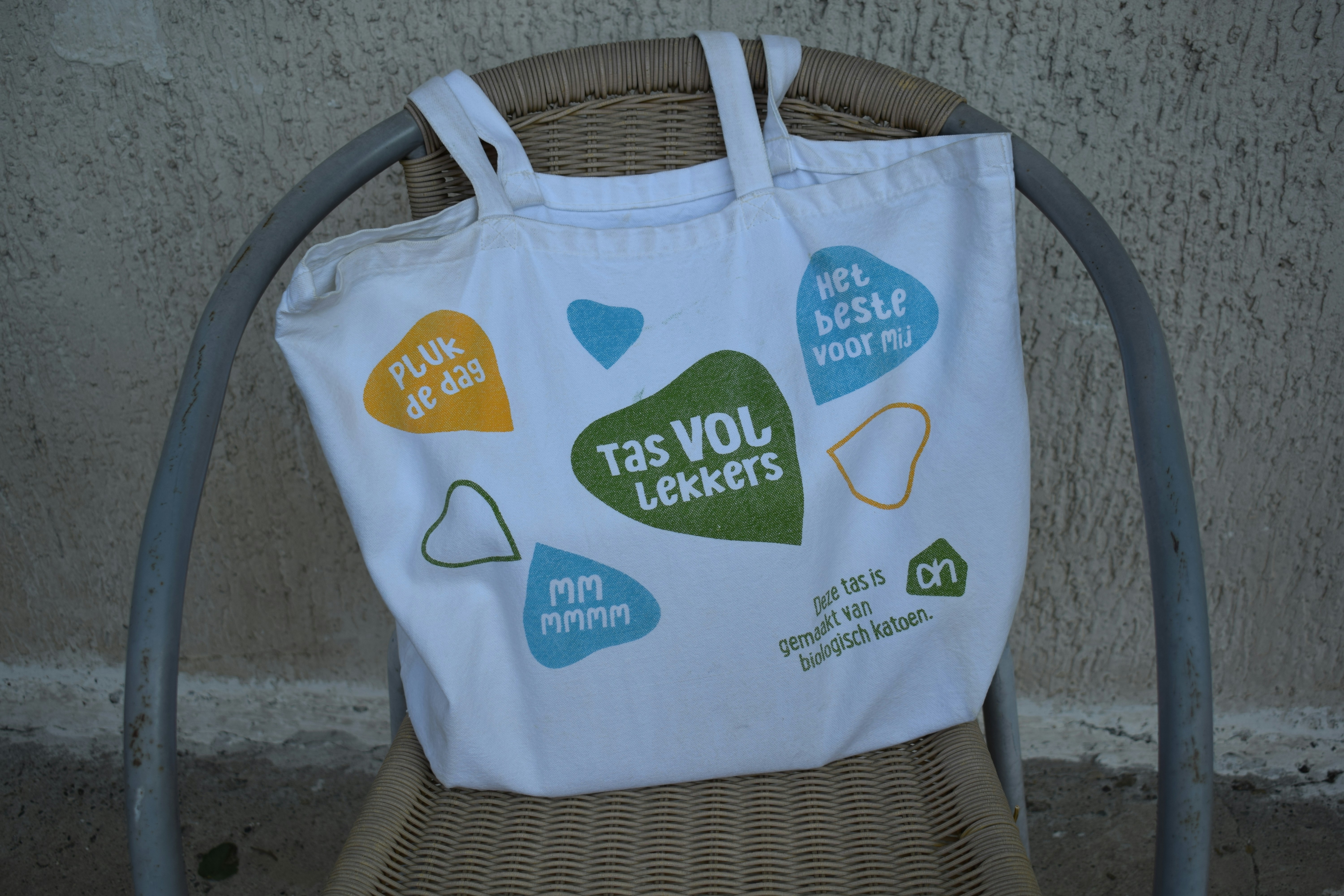 white and blue tote bag