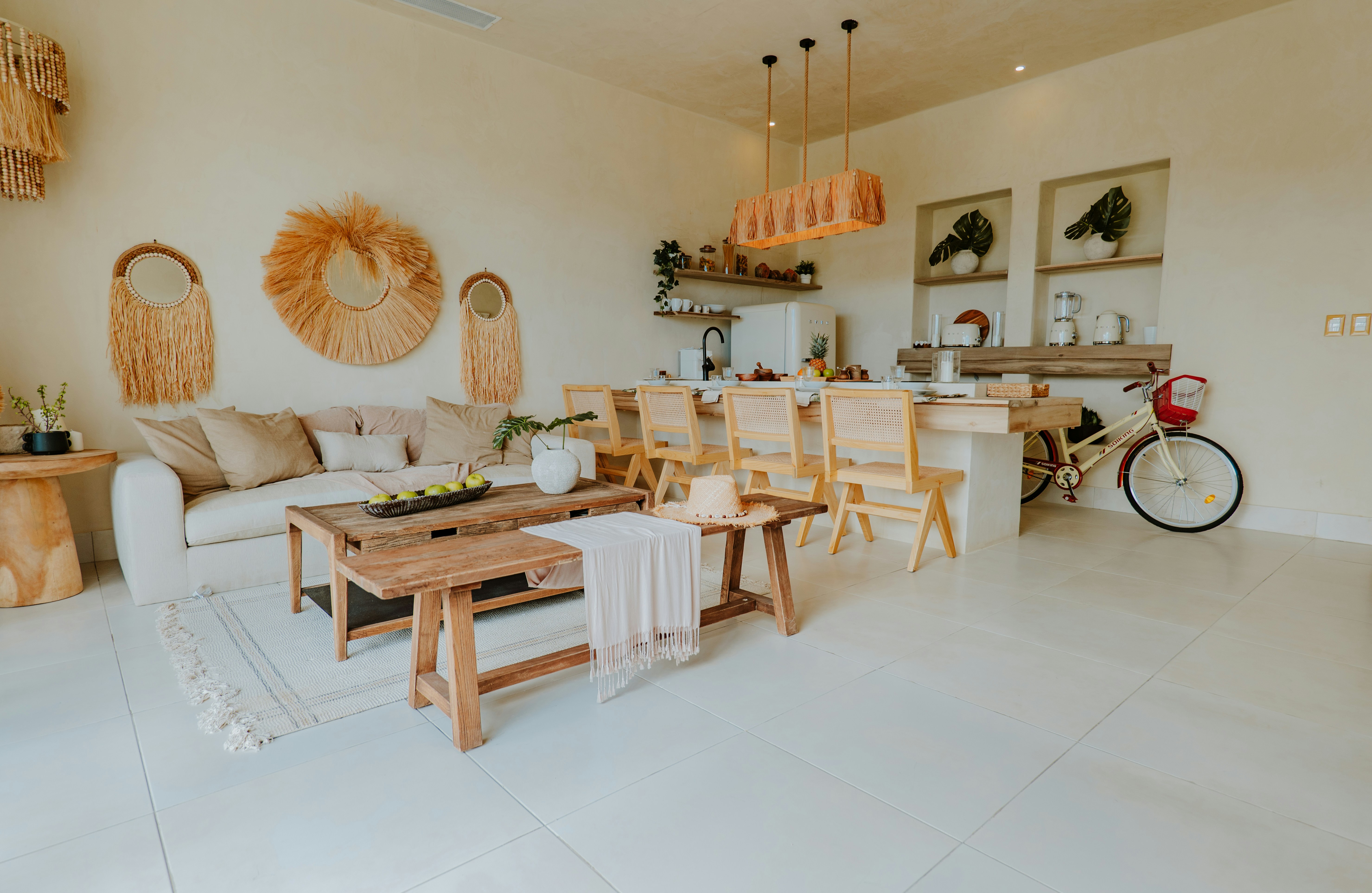 A cozy, rustic living room with eclectic decor.