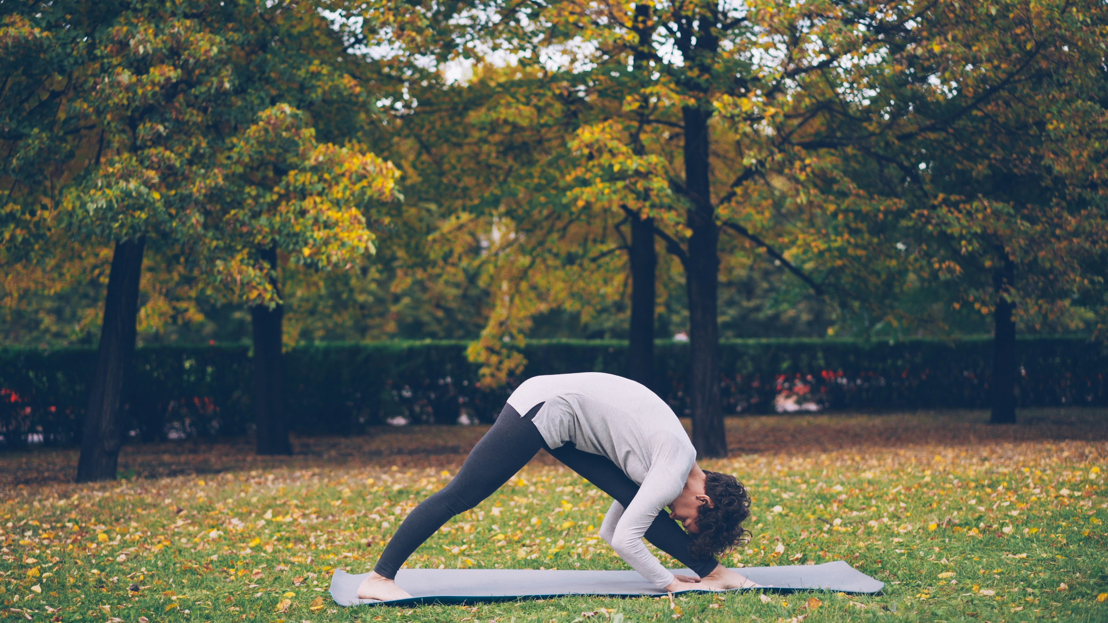 Woman doing yoga in a park during autumn.