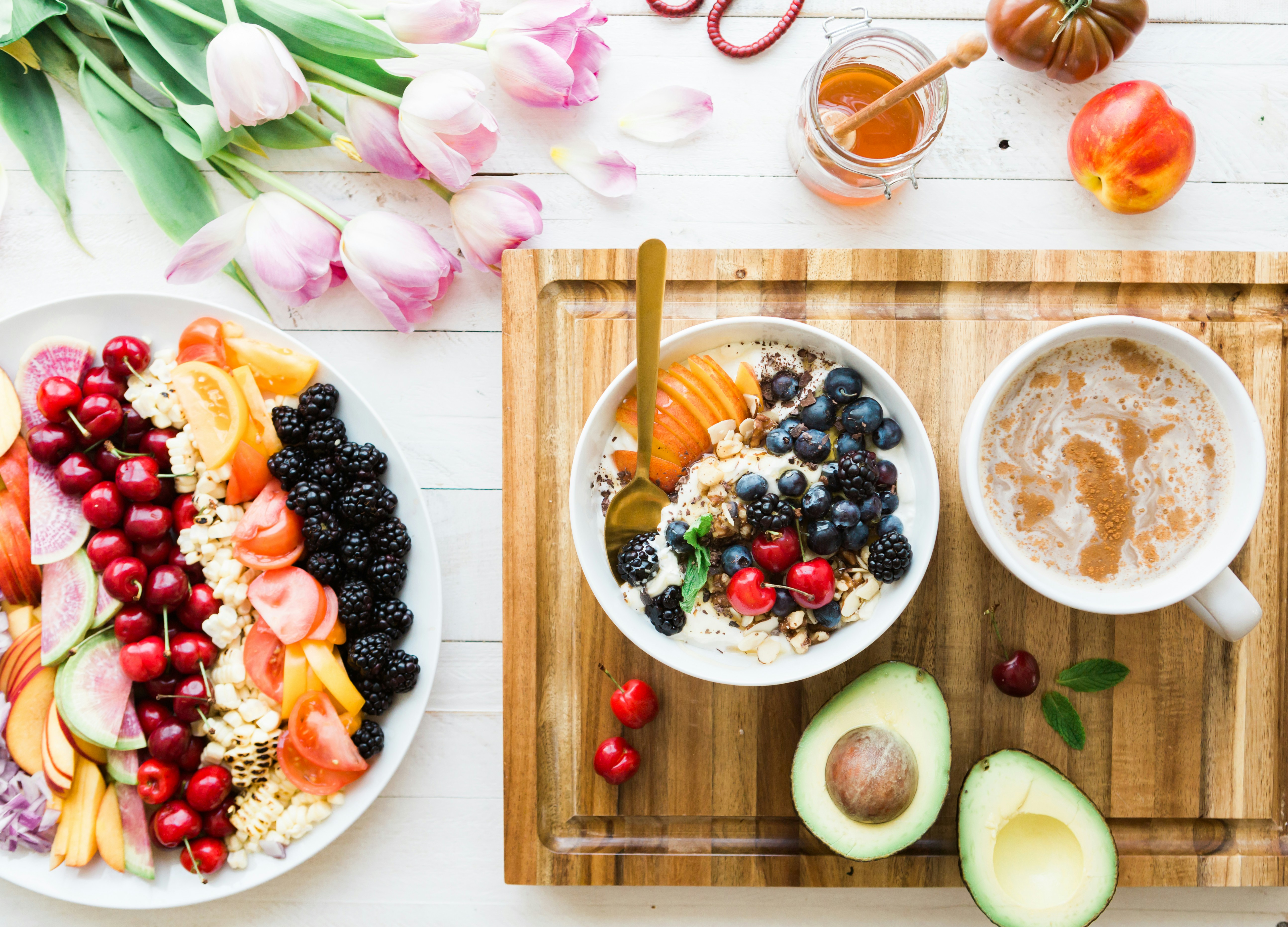 Put together all of my favorite eats on one plate. Because, as much as I adore the kids homemade pancakes, a bowl of fresh fruit is what I really want for Mother’s Day. by Gone Greenish black and red cherries on white bowl