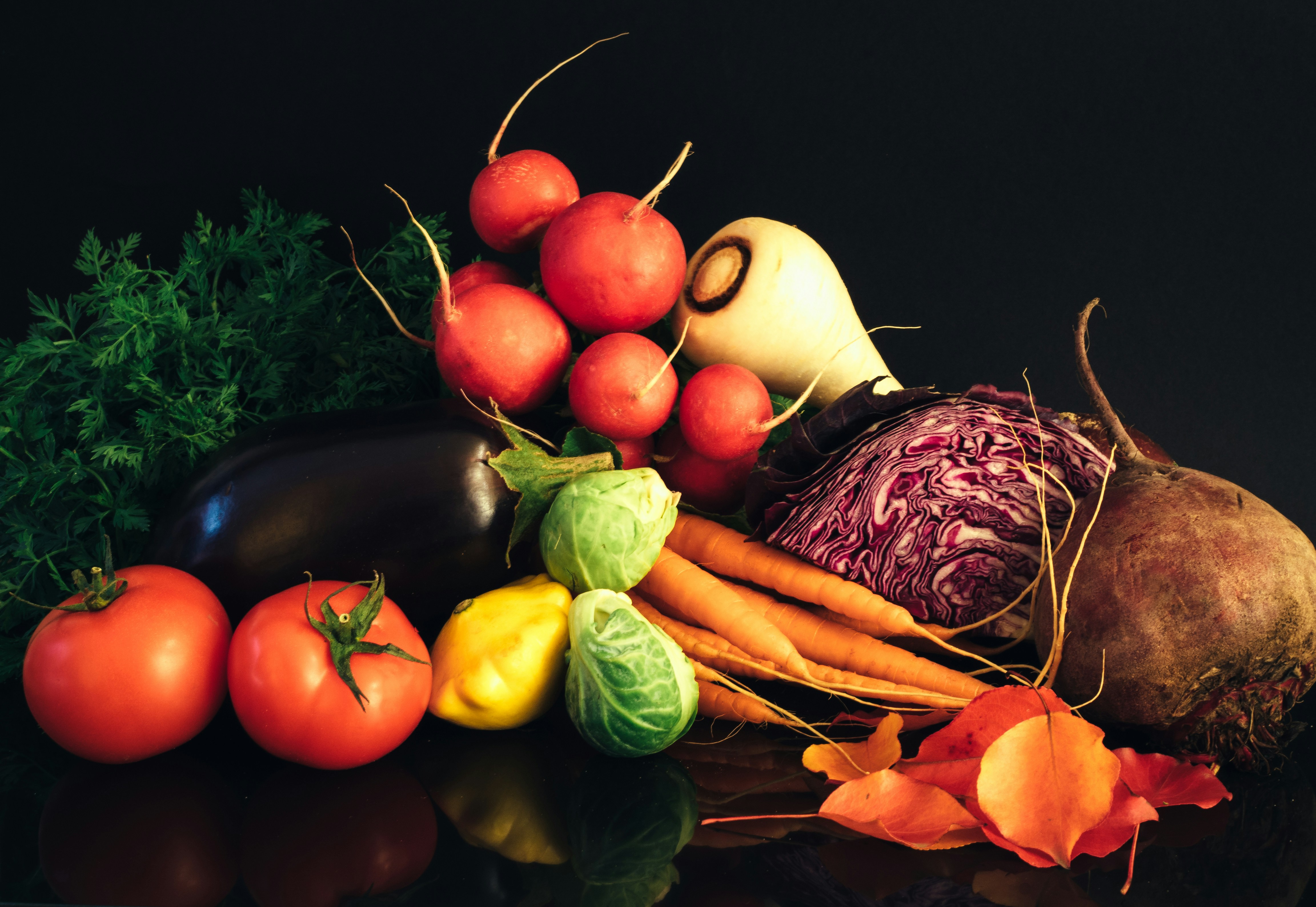 I decided to gather some autumn vegetables, pile them into some sort of pleasing form and see how they looked. The autumn leaves were just for effect! by Gone Greenish assorted vegetables